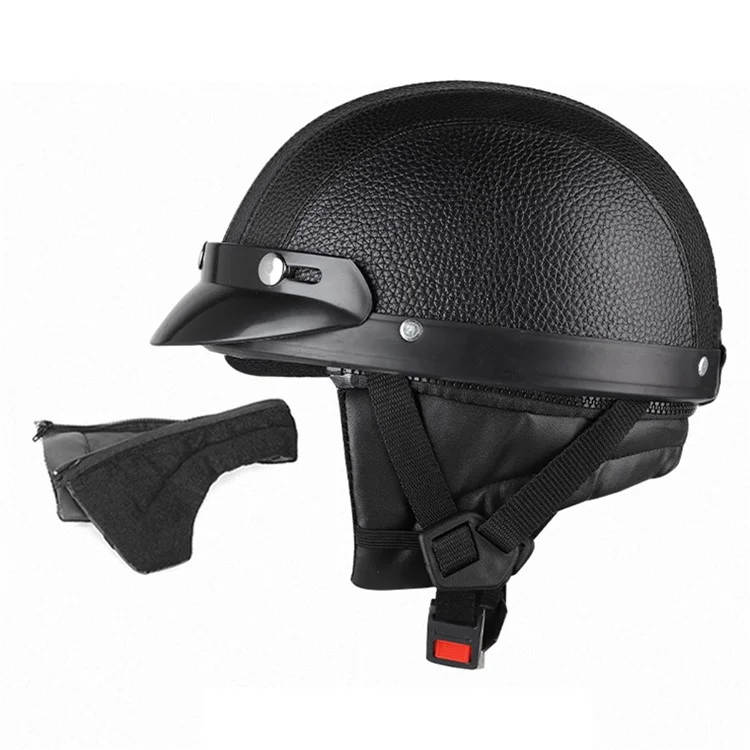 BSDDP Motorcycle Helmet with Neck Protection Scarf Men Women PU Leather + ABS Half Helmet - Black+Blue Leather