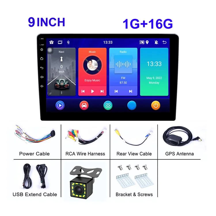 R-903B Android 12 Car GPS 1G+16GB 9 inch IPS Screen Car Stereo with 12LED Backup Camera