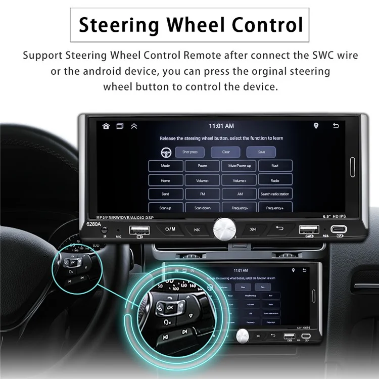 6280A 6.9-inch Android 13.0 Single Din Car MP5 Player CarPlay Android Auto FM Radio, 2+64G