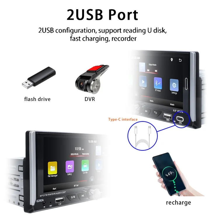 6280A 6.9-inch Android 13.0 Single Din Car MP5 Player CarPlay Android Auto FM Radio, 2+64G