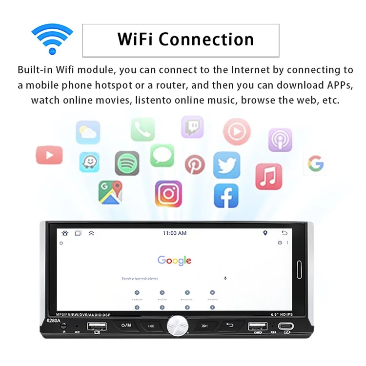 6280A 6.9-inch Android 13.0 Single Din Car MP5 Player CarPlay Android Auto FM Radio, 2+64G