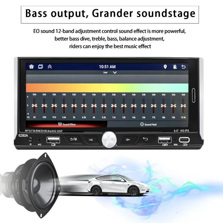 6280A 6.9-inch Android 13.0 Single Din Car MP5 Player CarPlay Android Auto FM Radio, 2+64G