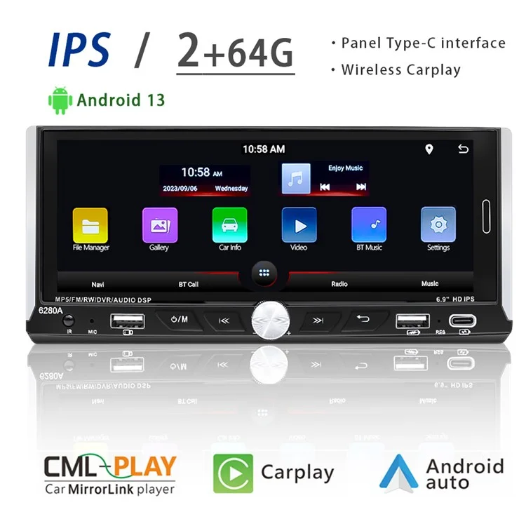6280A 6.9-inch Android 13.0 Single Din Car MP5 Player CarPlay Android Auto FM Radio, 2+64G