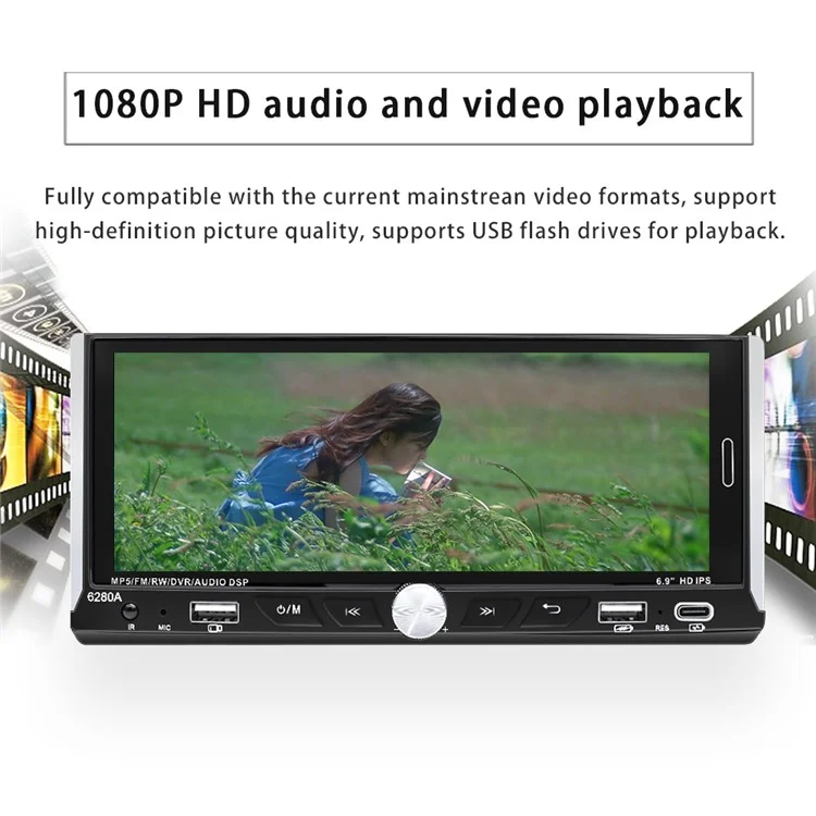 6280A 6.9-inch Android 13.0 Single Din Car MP5 Player CarPlay Android Auto FM Radio, 2+64G