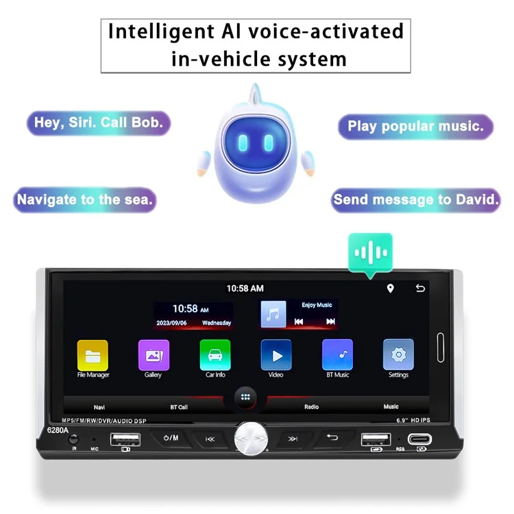 6280A 6.9-inch Android 13.0 Single Din Car MP5 Player CarPlay Android Auto FM Radio, 2+64G
