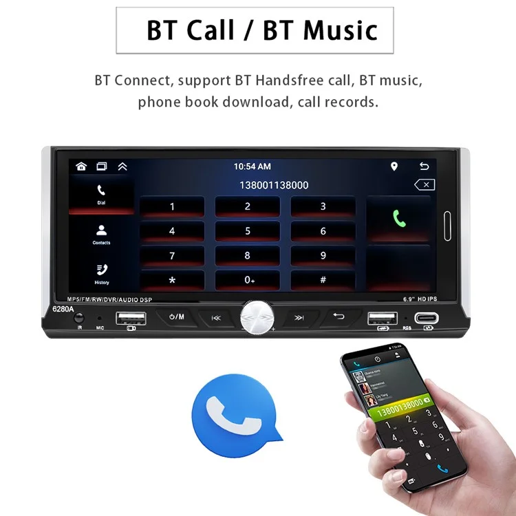 6280A 6.9-inch Android 13.0 Single Din Car MP5 Player CarPlay Android Auto FM Radio, 2+64G