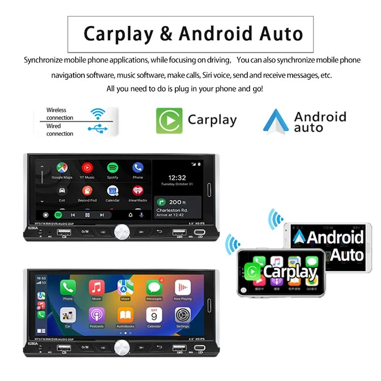 6280A 6.9-inch Android 13.0 Single Din Car MP5 Player CarPlay Android Auto FM Radio, 2+64G
