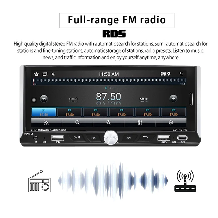 6280A 6.9-inch Android 13.0 Single Din Car MP5 Player CarPlay Android Auto FM Radio, 2+64G