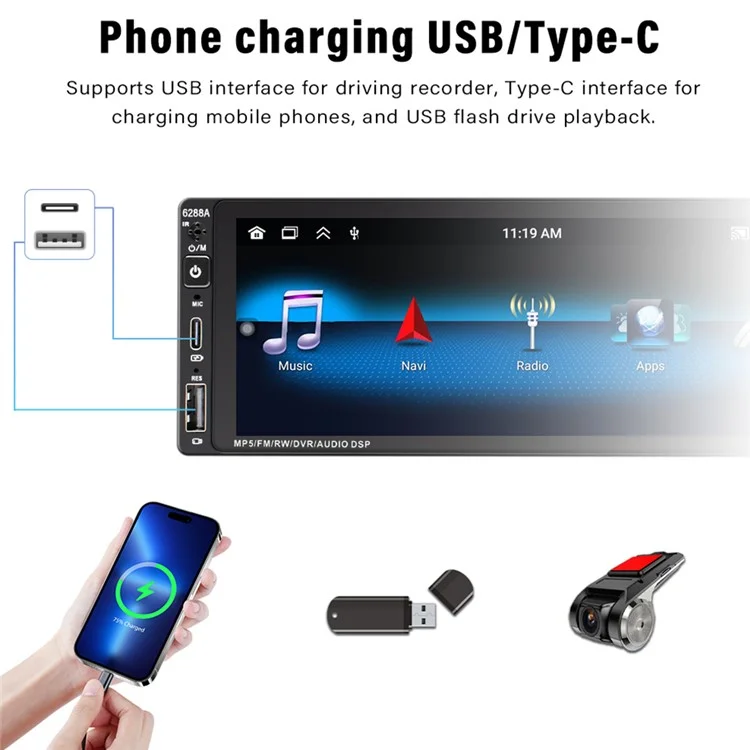 6288A 6,9-дюймовый Android 13.0 Single Din автомобильный стереоплеер 2+32G автомобильный MP5-плеер Android Auto FM-радио