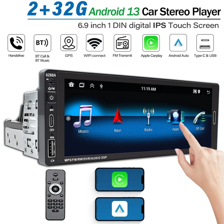 6288A 6,9-дюймовый Android 13.0 Single Din автомобильный стереоплеер 2+32G автомобильный MP5-плеер Android Auto FM-радио