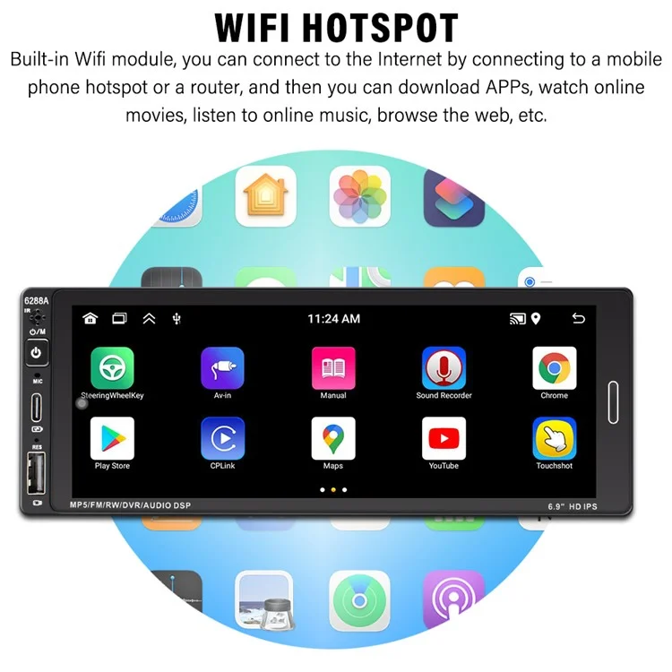 6288A 6.9-inch Android 12.0 2G+64G Touch Screen Car MP5 Player Carplay Android Auto Player