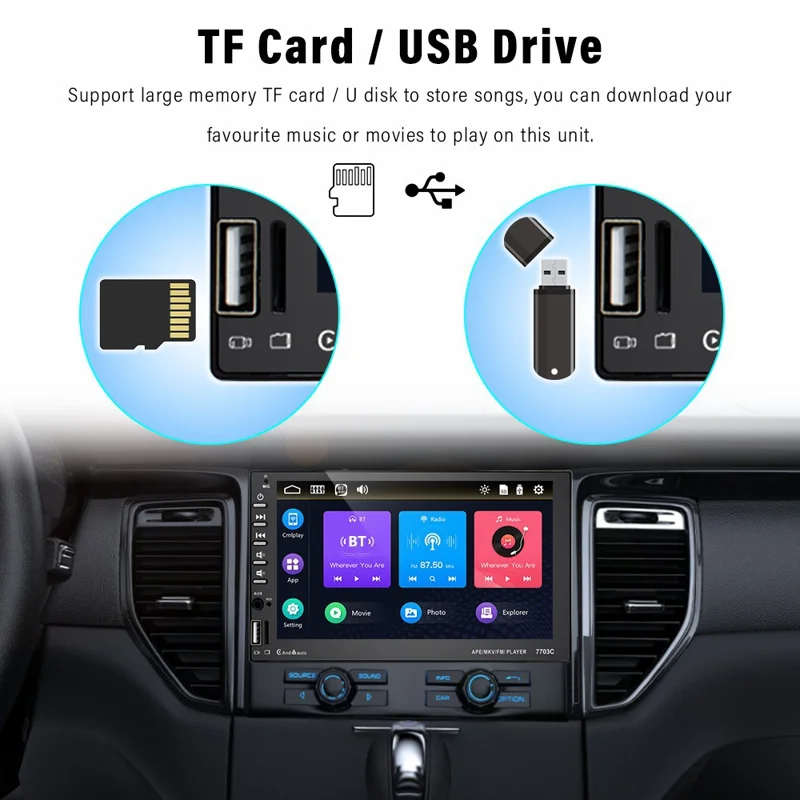 7703C 7-inch Android Auto MP5 Player Dual Din Carplay FM Radio with Microphone (CE Certified)