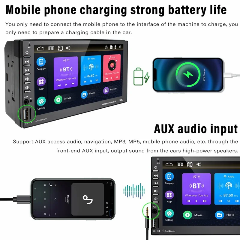 7703C 7-inch Android Auto MP5 Player Dual Din Carplay FM Radio with Microphone (CE Certified)