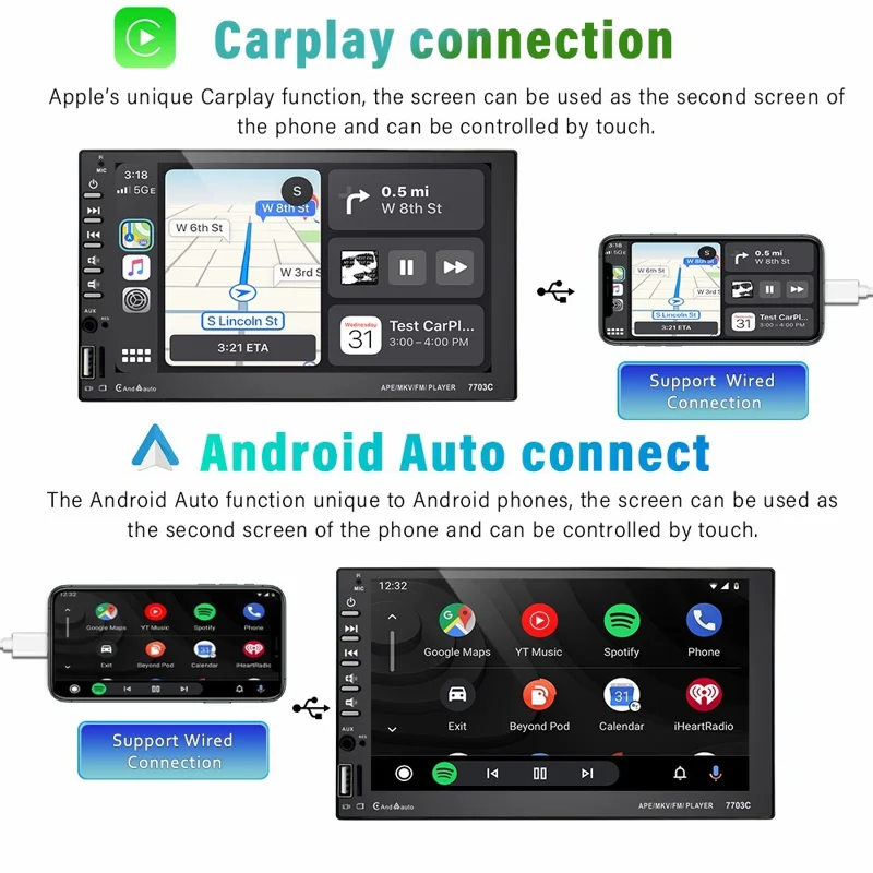 7703C 7-inch Android Auto MP5 Player Dual Din Carplay FM Radio with Microphone (CE Certified)