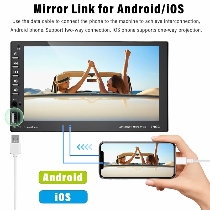 7703C 7-inch Android Auto MP5 Player Dual Din Carplay FM Radio with Microphone (CE Certified)