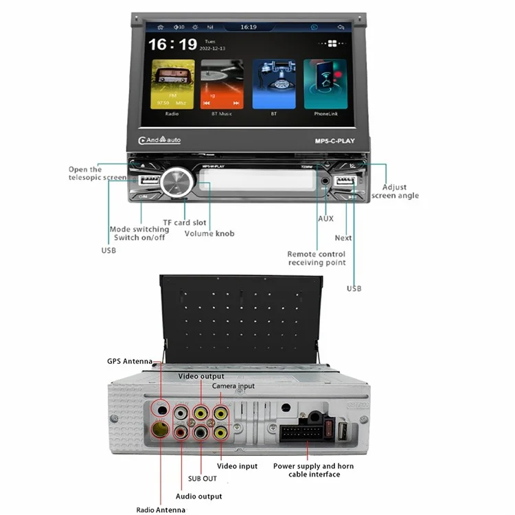 Voiture 7 pouces Écran électrique rétractable Lecteur de musique sans fil Carplay Console centrale (7230W) CE