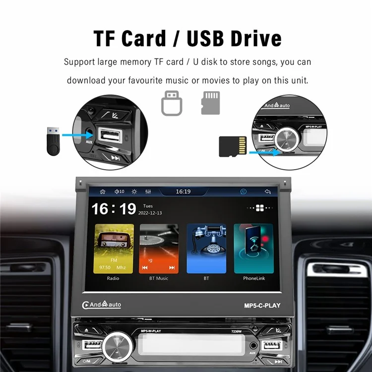 Voiture 7 pouces Écran électrique rétractable Lecteur de musique sans fil Carplay Console centrale (7230W) CE