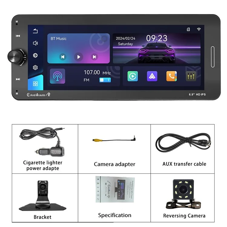 601W Wireless Car Player Reverse Camera Recorder 6.9 inch Touchscreen Portable Car Radio Receiver (CE Certificated)