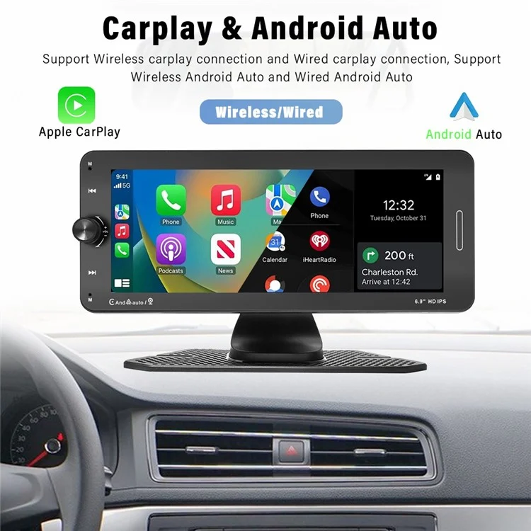 601W Wireless Car Player Reverse Camera Recorder 6.9 inch Touchscreen Portable Car Radio Receiver (CE Certificated)