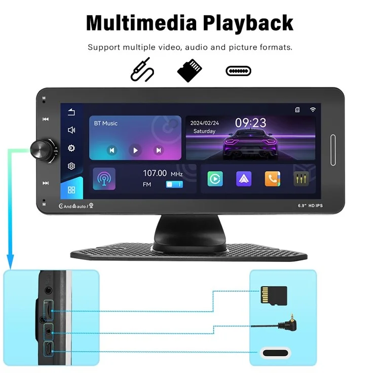 601W Wireless Car Player Reverse Camera Recorder 6.9 inch Touchscreen Portable Car Radio Receiver (CE Certificated)