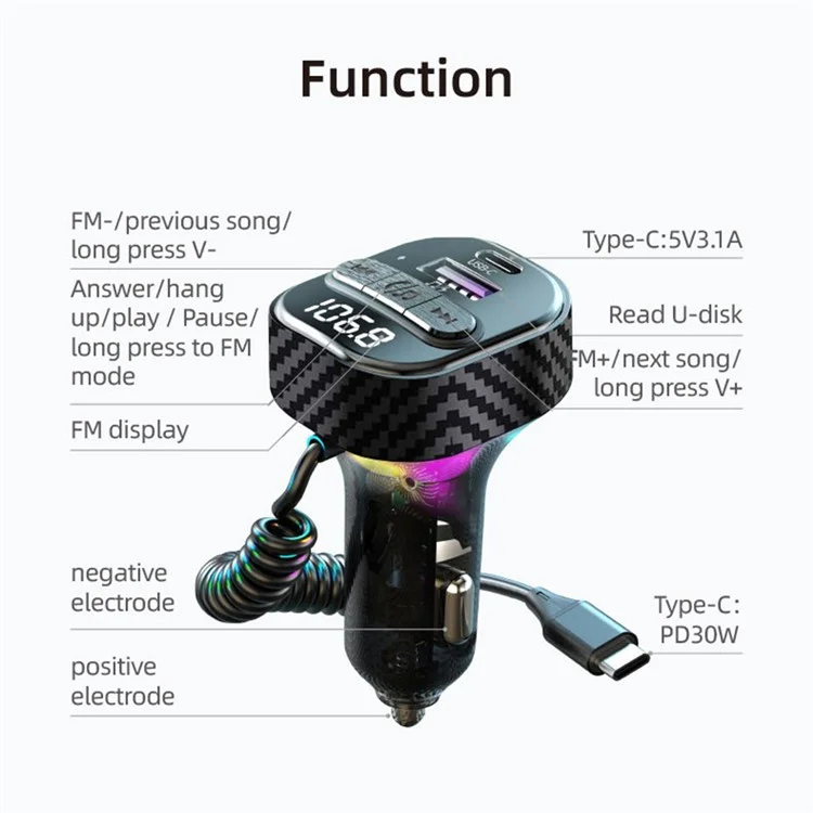 C52 Bluetooth-compatible Car MP3 Player FM Transmitter Type-C + QC3.0 USB Car Charger with PD 30W Type-C Cable