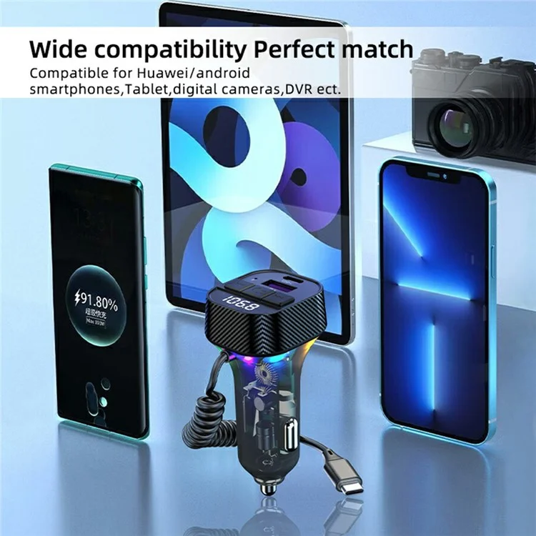 C52 Bluetooth-compatible Car MP3 Player FM Transmitter Type-C + QC3.0 USB Car Charger with PD 30W Type-C Cable