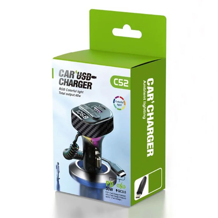 C52 Bluetooth-compatible Car MP3 Player FM Transmitter Type-C + QC3.0 USB Car Charger with PD 30W Type-C Cable