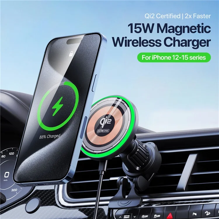 DUZZONA V5 15W Auto-Magnetisches Kabelloses Ladegerät für iPhone 16-15 Serie Lüftungsauslass Telefonhalterung (Qi2 zertifiziert)