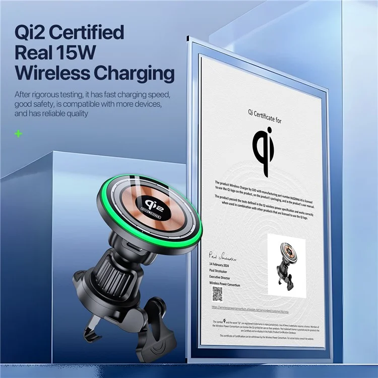DUZZONA V5 15W Auto-Magnetisches Kabelloses Ladegerät für iPhone 16-15 Serie Lüftungsauslass Telefonhalterung (Qi2 zertifiziert)