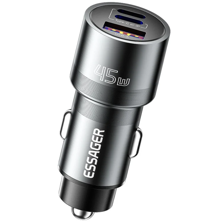 ESSAGER PD 45W Fast Charging Aluminum Alloy Type-C+Ip+USB-A 3-port Car Charger Adapter - Gris