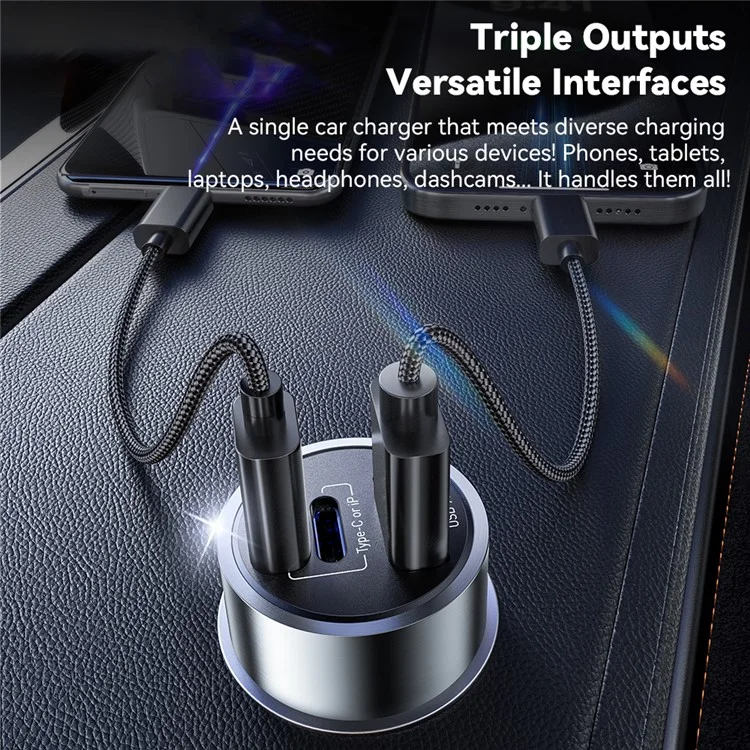 ESSAGER PD 45W Fast Charging Aluminum Alloy Type-C+Ip+USB-A 3-port Car Charger Adapter - Gris