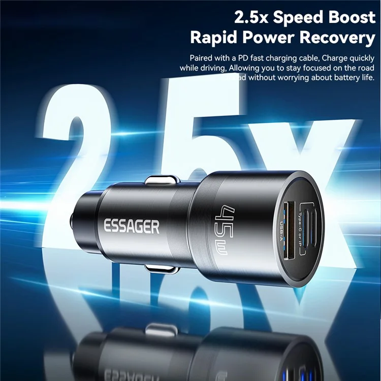 ESSAGER PD 45W Fast Charging Aluminum Alloy Type-C+Ip+USB-A 3-port Car Charger Adapter - Gris