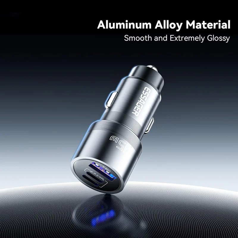 ESSAGER PD 45W Fast Charging Aluminum Alloy Type-C+Ip+USB-A 3-port Car Charger Adapter - Gris