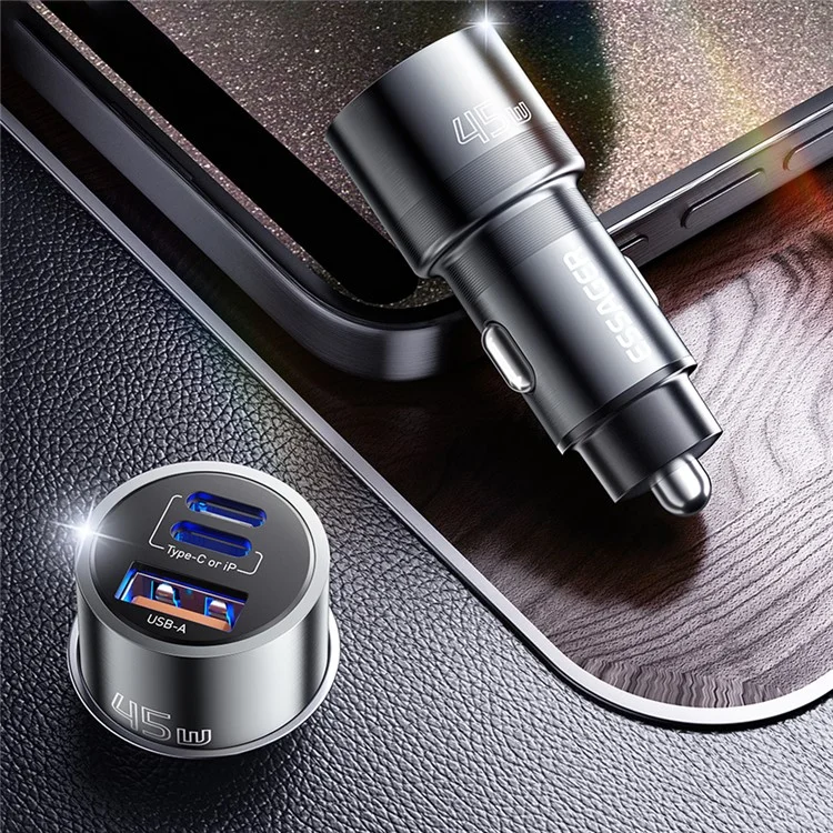 ESSAGER PD 45W Fast Charging Aluminum Alloy Type-C+Ip+USB-A 3-port Car Charger Adapter - Gris