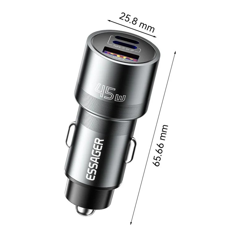 ESSAGER PD 45W Fast Charging Aluminum Alloy Type-C+Ip+USB-A 3-port Car Charger Adapter - Gris
