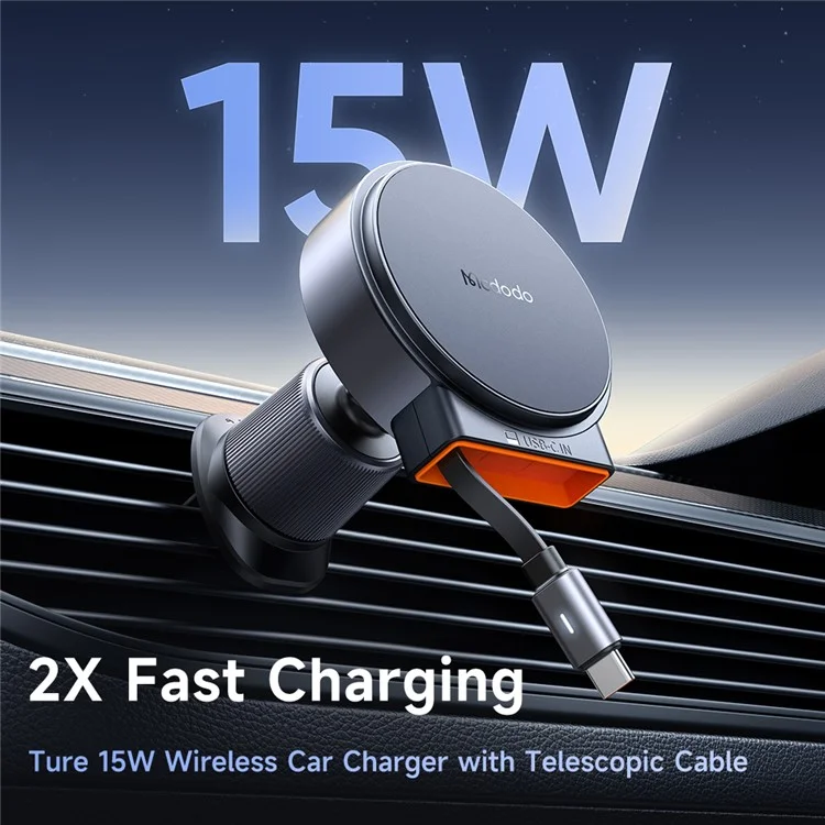 MCDODO CH-3000 Car Air Outlet 15W Magnetic Wireless Car Charger with Built-In Retractable Cable