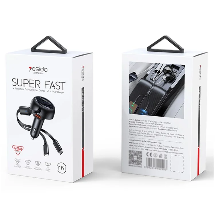 YESIDO Y61 53W Fast Charging Car Charger with USB Port and 2-in-1 Retractable Ip+Type-C Cable
