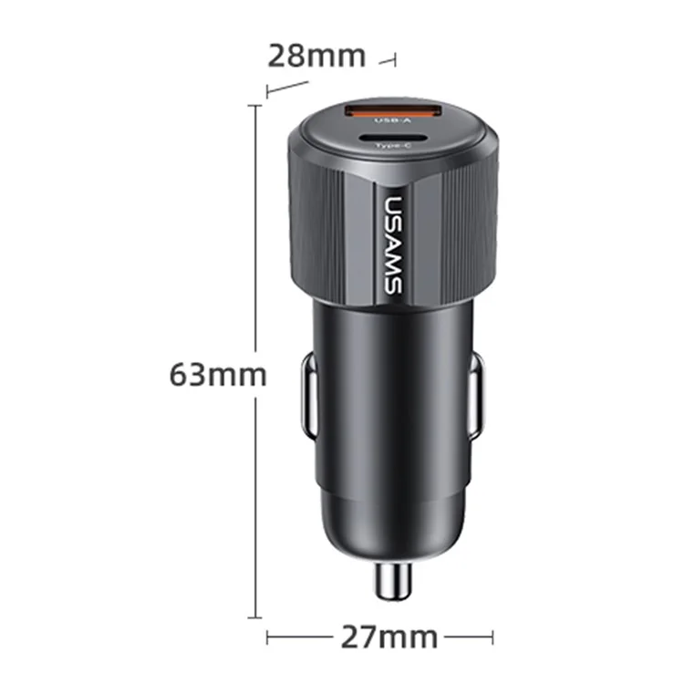 USAMS CC283 Car Charger 60W Dual Port USB-A + Type-C Fast Charging Cigarette Lighter Adapter