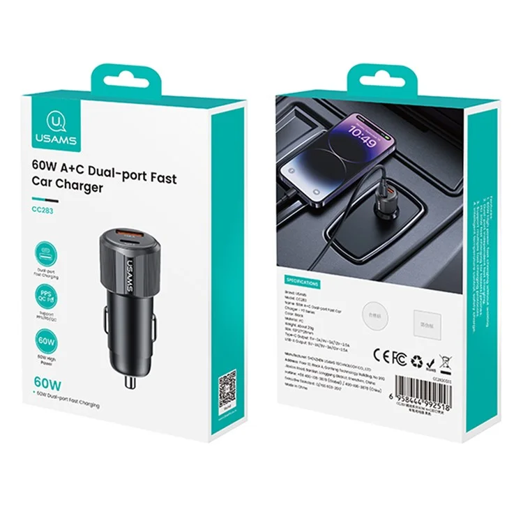 USAMS CC283 Car Charger 60W Dual Port USB-A + Type-C Fast Charging Cigarette Lighter Adapter