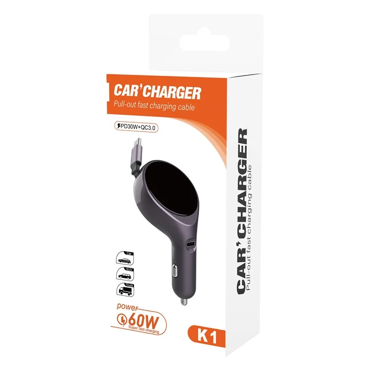 K1 Car Charger Type C PD 20W Fast Charging Adapter with Retractable Cable - Purple