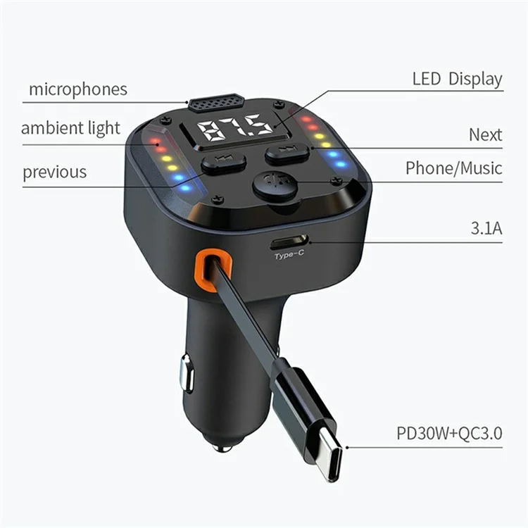 C69 Bluetooth-compatible Car Charger with Type-C Extendable Cable PD 30W Fast Charger FM Transmitter Hands Free Calling