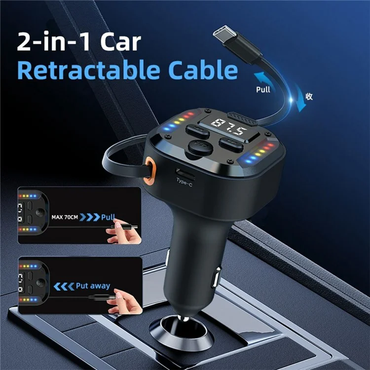 C69 Bluetooth-compatible Car Charger with Type-C Extendable Cable PD 30W Fast Charger FM Transmitter Hands Free Calling