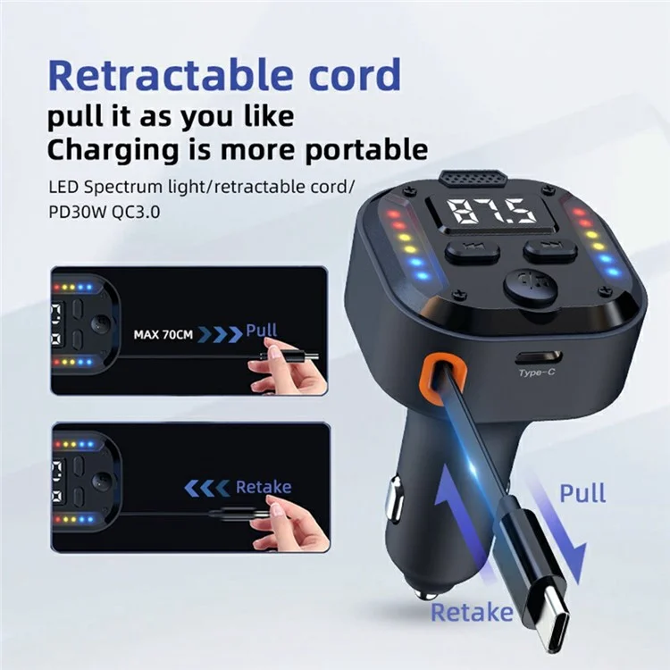 C69 Bluetooth-compatible Car Charger with Type-C Extendable Cable PD 30W Fast Charger FM Transmitter Hands Free Calling