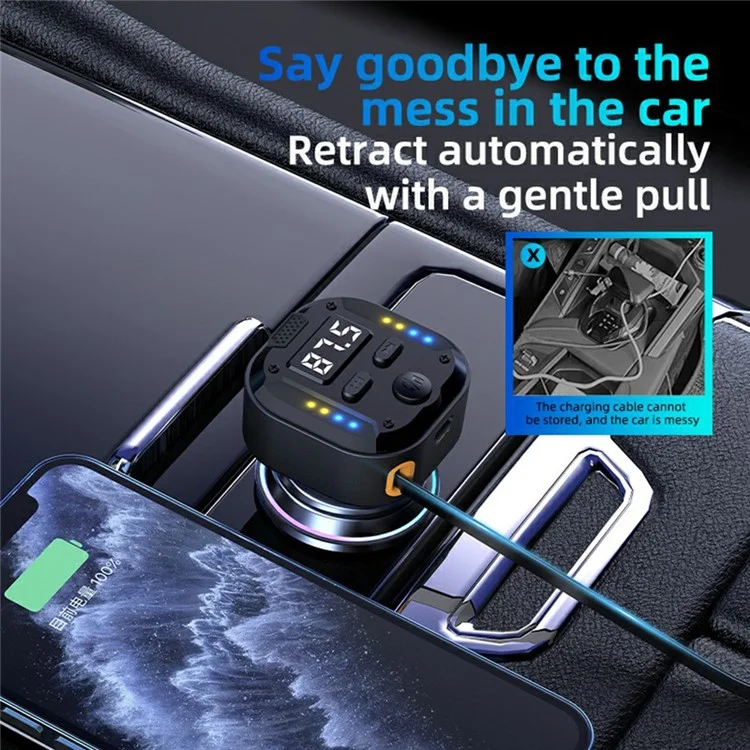 C69 Bluetooth-compatible Car Charger with Type-C Extendable Cable PD 30W Fast Charger FM Transmitter Hands Free Calling