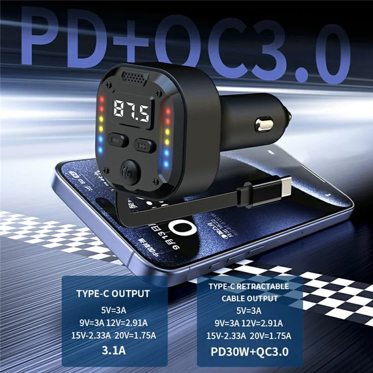 C69 Bluetooth-compatible Car Charger with Type-C Extendable Cable PD 30W Fast Charger FM Transmitter Hands Free Calling