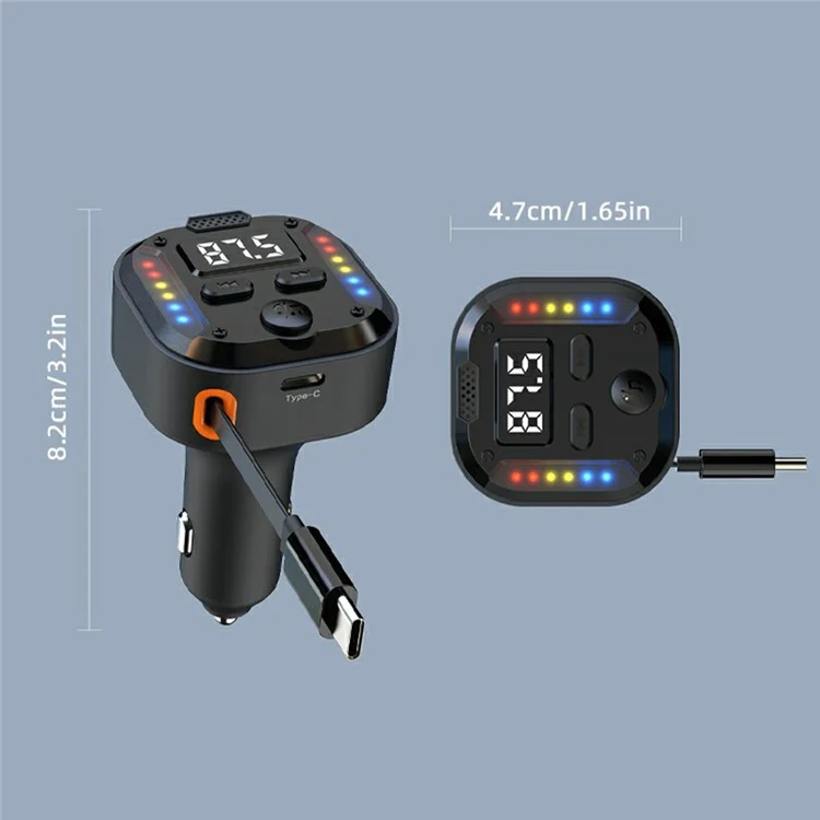 C69 Bluetooth-compatible Car Charger with Type-C Extendable Cable PD 30W Fast Charger FM Transmitter Hands Free Calling