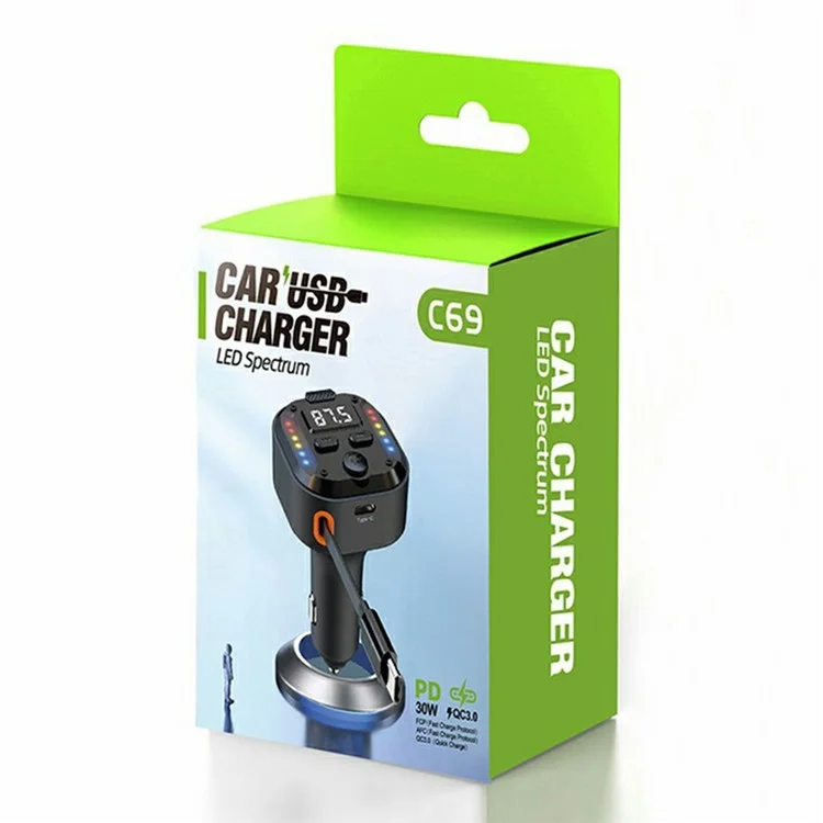 C69 Bluetooth-compatible Car Charger with Type-C Extendable Cable PD 30W Fast Charger FM Transmitter Hands Free Calling
