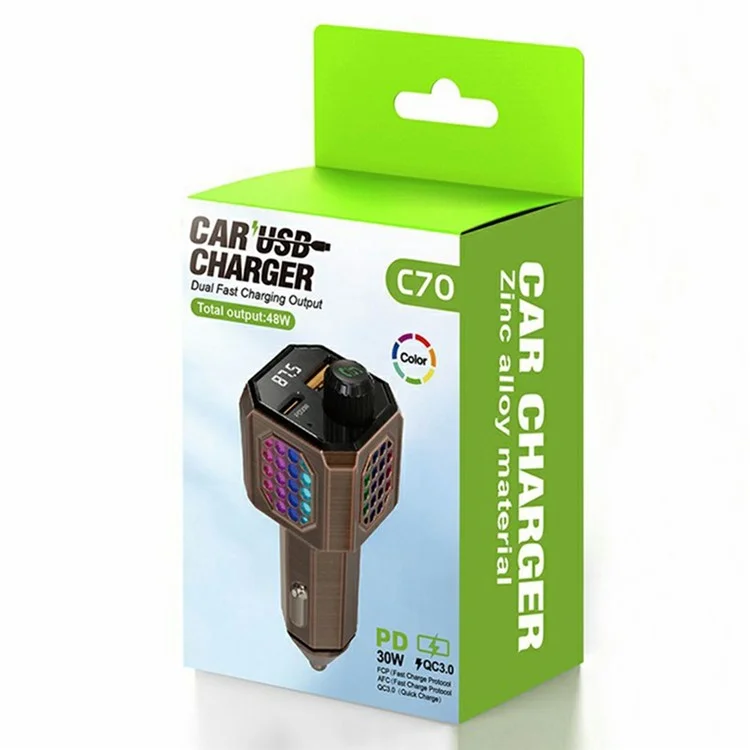 C70 Car Charger Adapter Zinc Alloy PD 30W Fast Charging Cigarette Lighter Compatible with All Phones