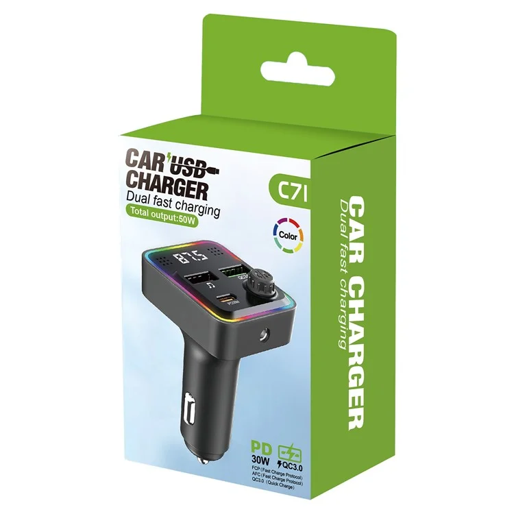 C71 Bluetooth-compatible Car Charger 3-in-1 PD 30W Cigarette Lighter Charger Adapter with FM Transmitter