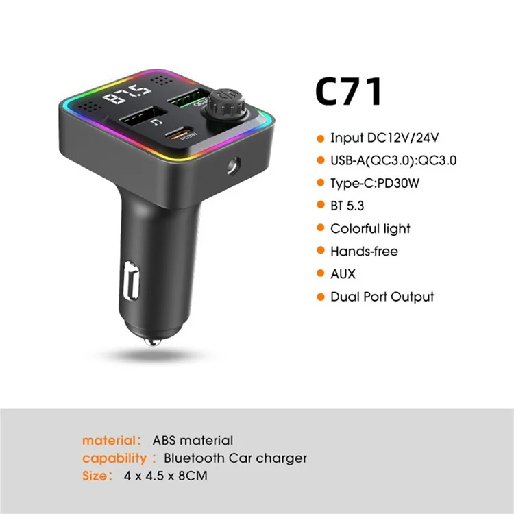 C71 Bluetooth-compatible Car Charger 3-in-1 PD 30W Cigarette Lighter Charger Adapter with FM Transmitter